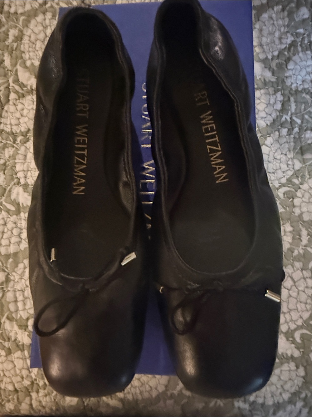 Stuart Weitzman Black Leather Bardow Bow Ballet Flats with Bow Detail